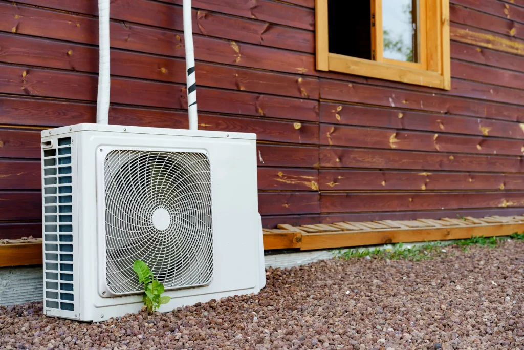 air conditioner block on wall of building outdoors
