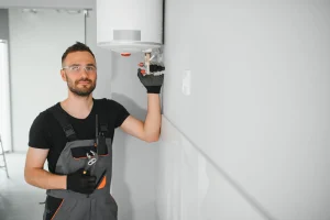 professional plumber servicing a boiler